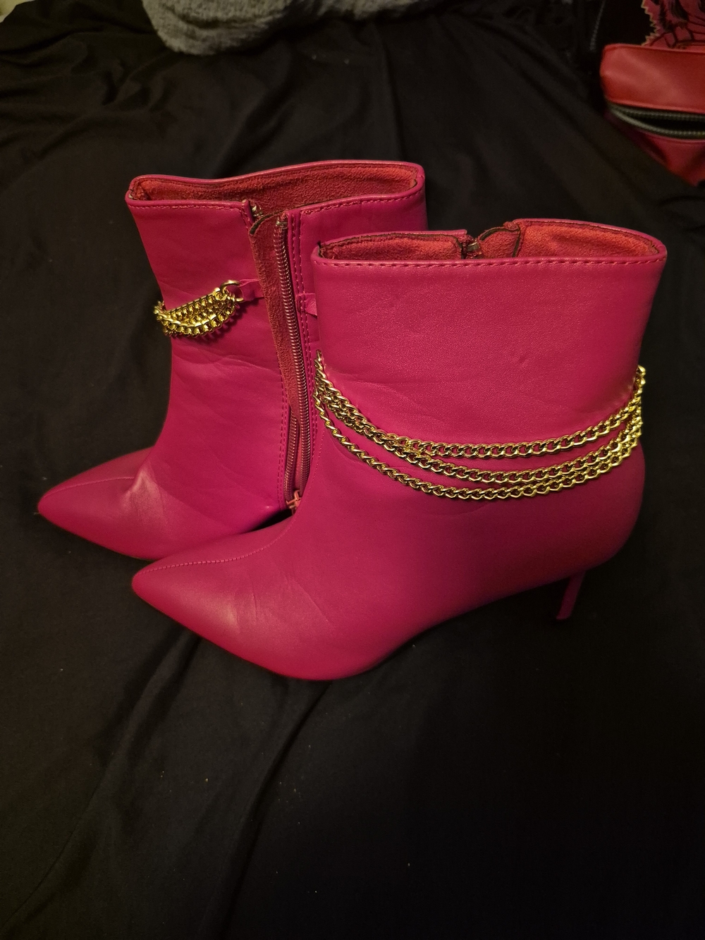 Allegra K Red Leather Pointed-Toe Ankle Boots w Chain Accents